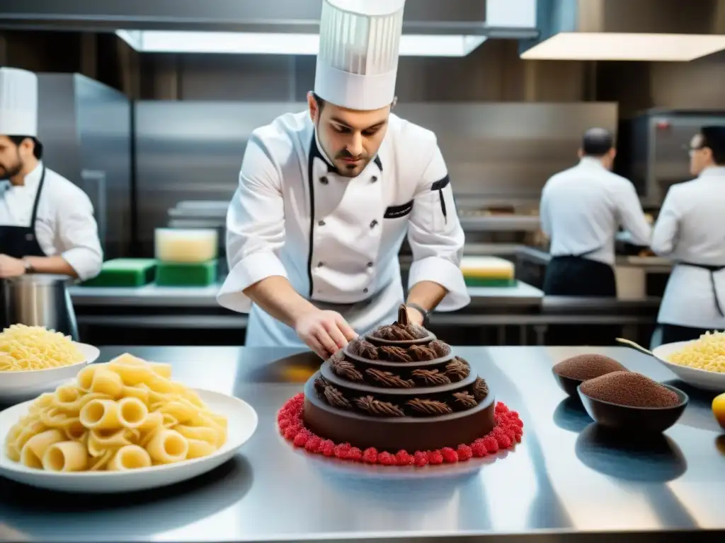 Un chef francés tradicional supervisando impresiones 3D de creaciones culinarias en una cocina bulliciosa