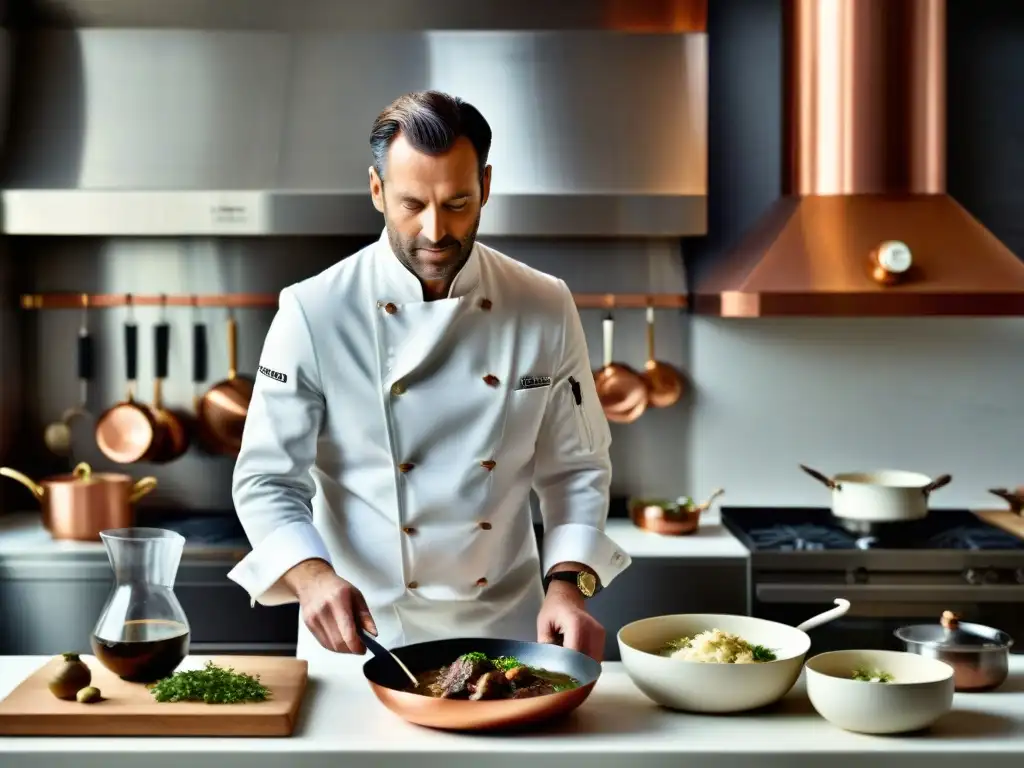 Un chef francés tradicional innovador preparando Coq au Vin en una cocina moderna, equilibrando tradición e innovación