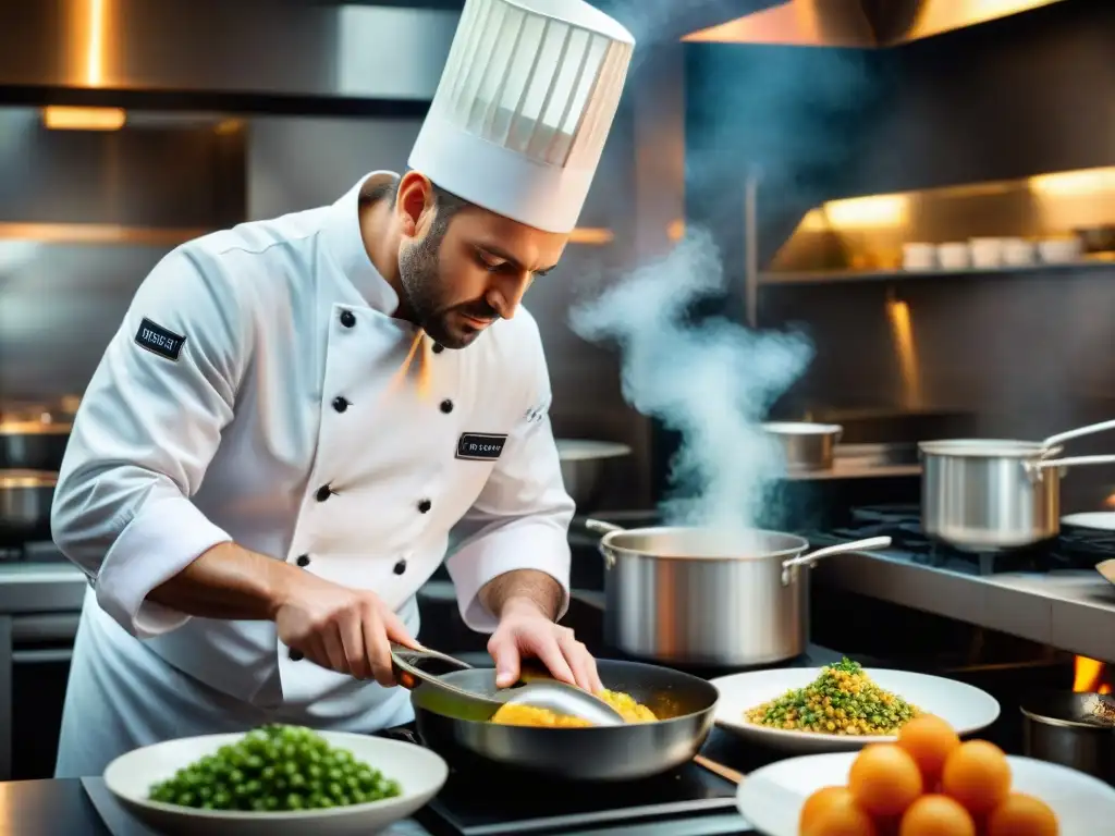 Un chef francés tradicional innovador preparando con precisión en una cocina parisina elegante y bulliciosa