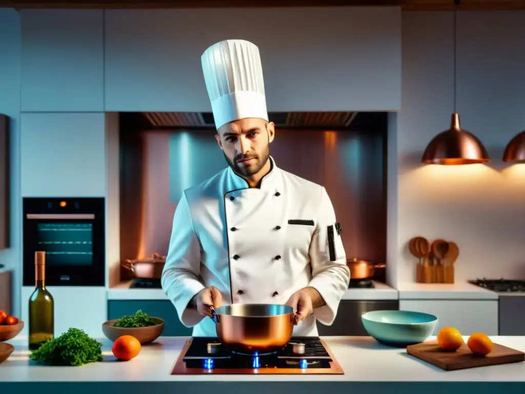 Un chef francés tradicional interactúa con tecnología en la cocina francesa, fusionando lo clásico con lo moderno