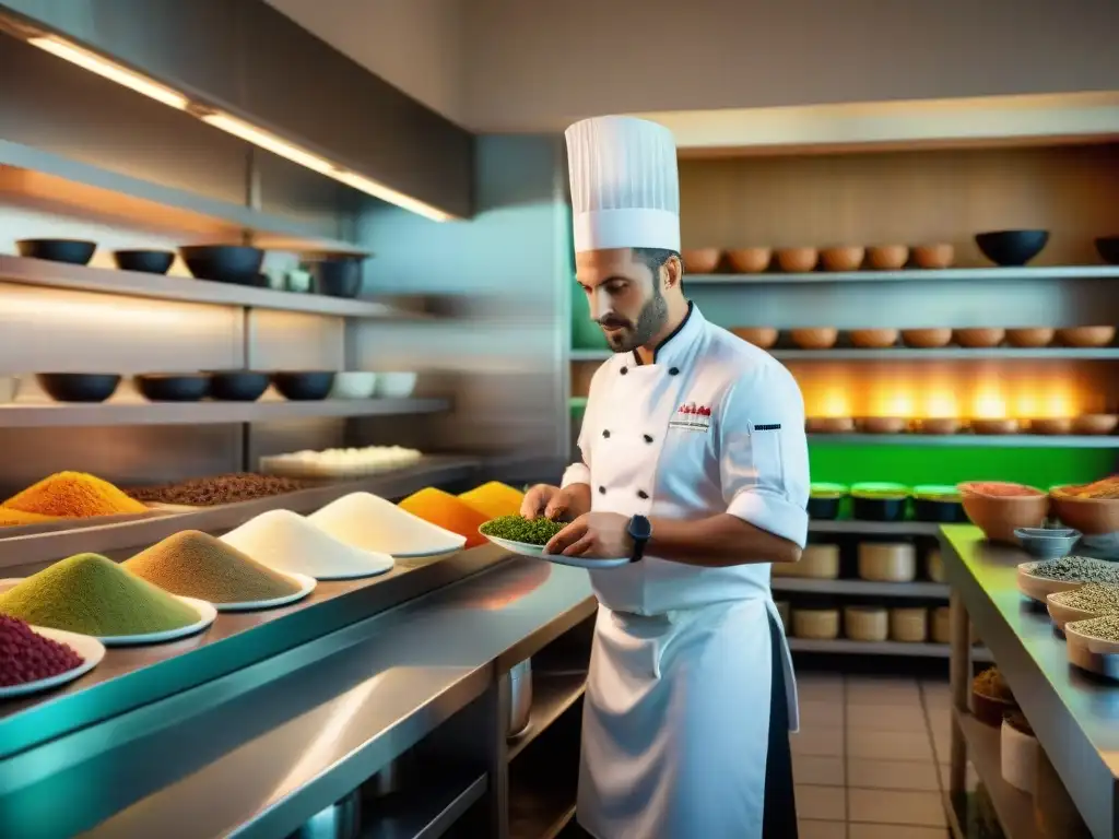 Un chef francés tradicional y moderno en una cocina bulliciosa de la isla Reunión, rodeado de ingredientes locales, preparando una fusión culinaria