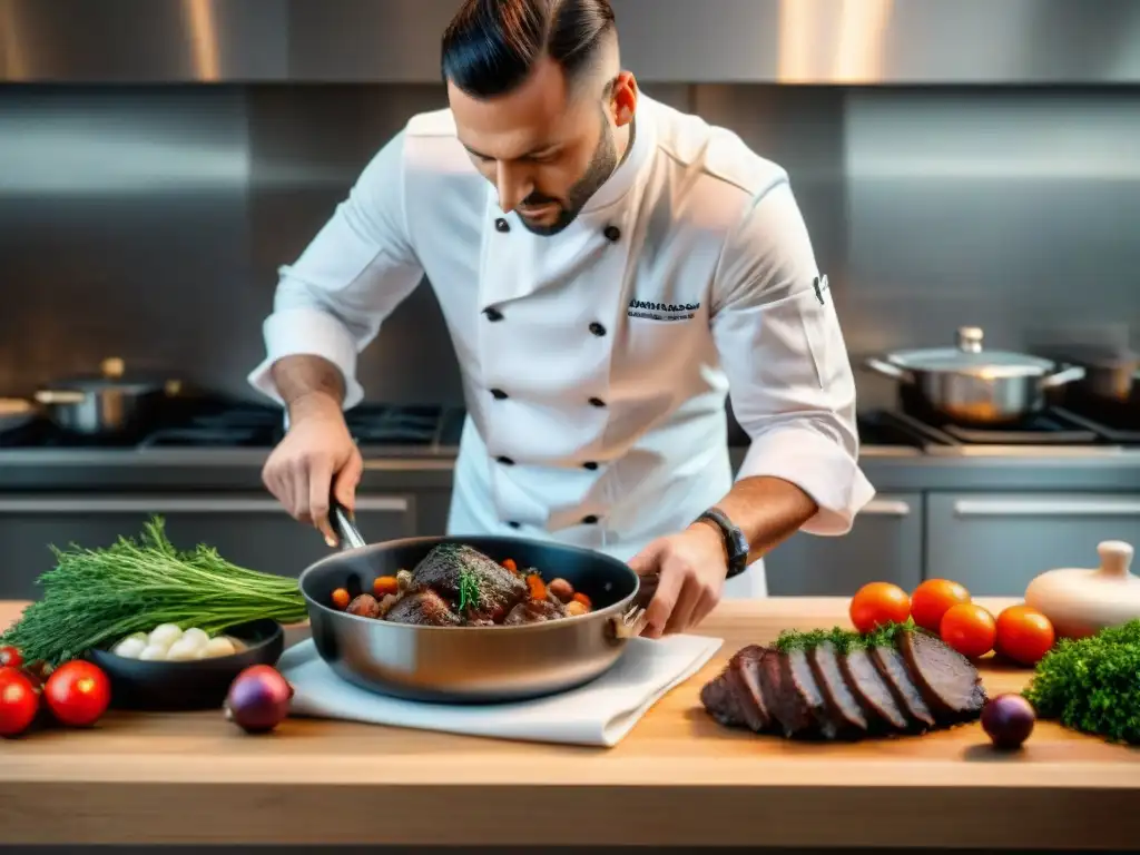 Un chef francés tradicional moderno preparando Coq au Vin en cocina elegante