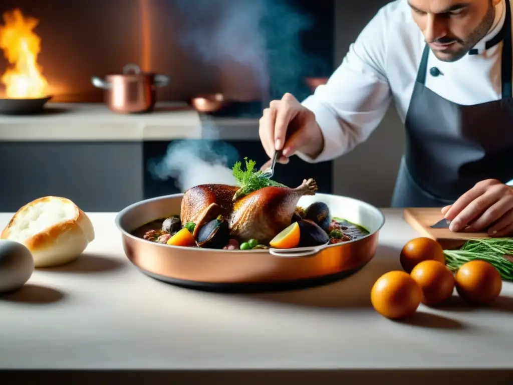 Un chef francés tradicional y uno moderno reinventan el Coq au Vin, reflejando la dualidad entre tradición e innovación culinaria en Francia