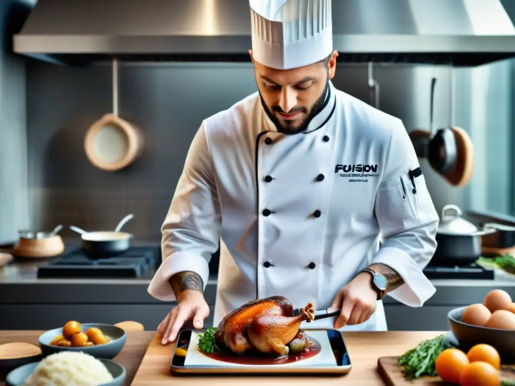 Un chef francés tradicional y moderno deshuesando un pollo, fusionando gastronomía francesa tradicional y moderna