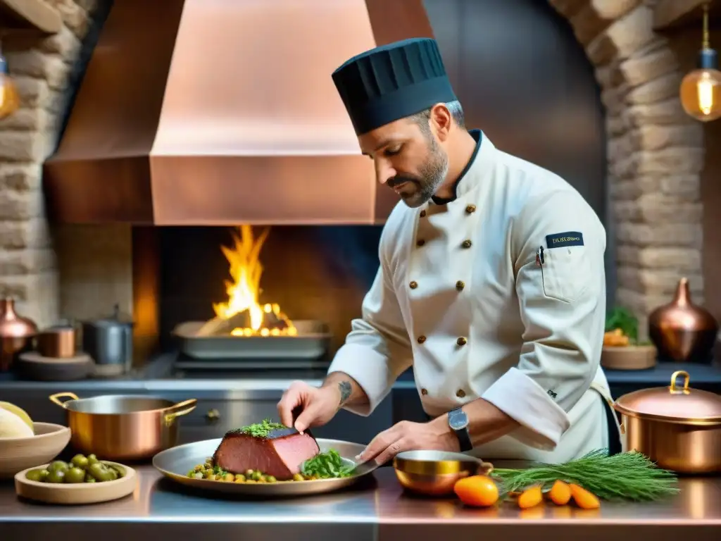 Un chef francés tradicional preparando plato del sur con foie gras y confit de pato en cocina rústica