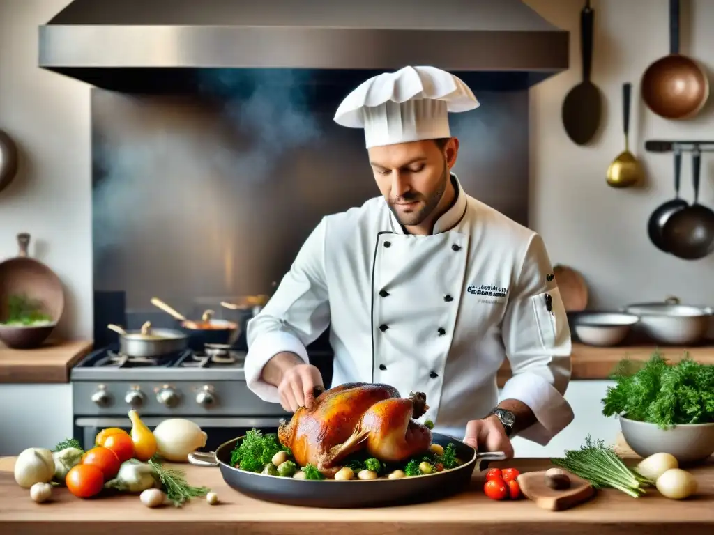 Un chef francés tradicional deshuesando un pollo en una cocina encantadora, resaltando la innovación tecnológica en la gastronomía