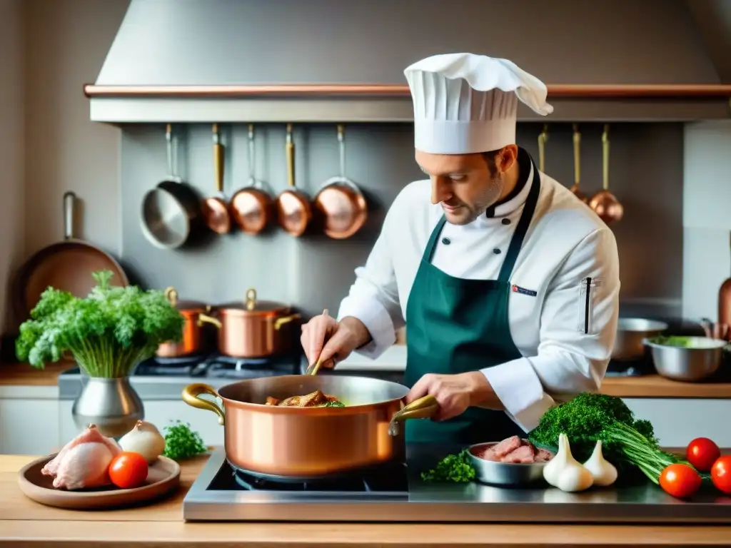 Un chef francés tradicional deshuesando un pollo para un coq au vin, en una cocina bulliciosa con encanto francés