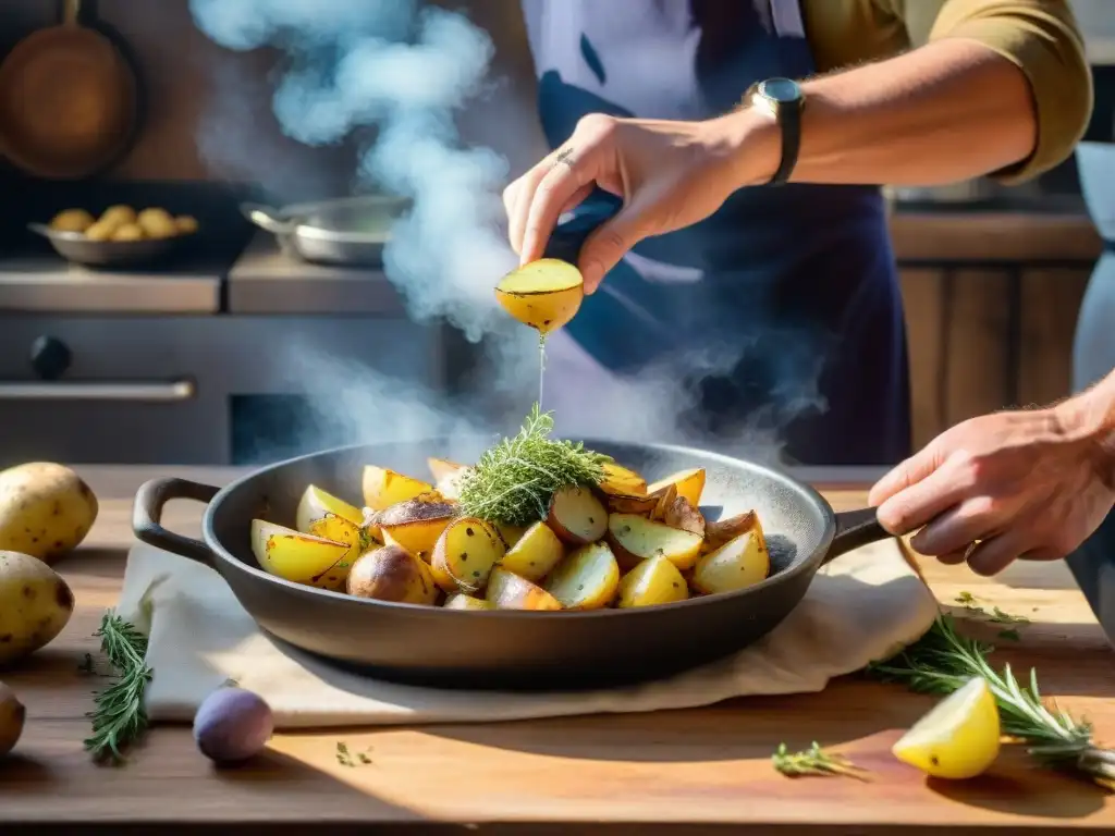 Un chef francés tradicional esparciendo Herbes de Provence sobre papas doradas en una sartén caliente