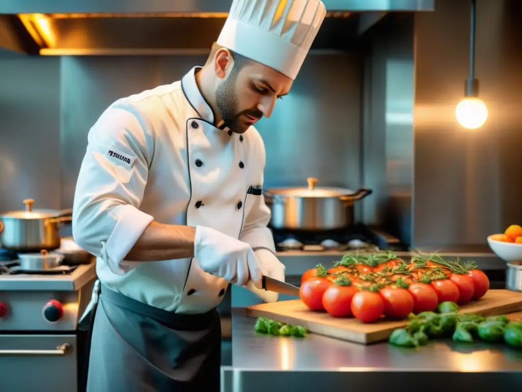 Un chef francés tradicional preparando una receta con precisión en una cocina profesional