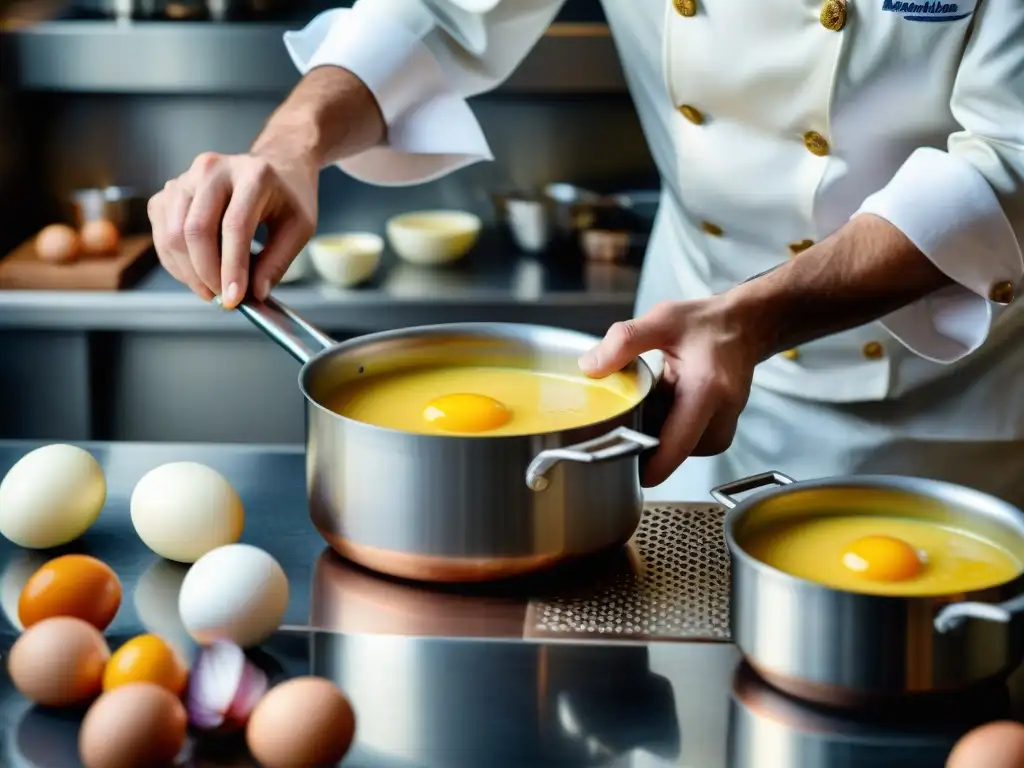 Un chef francés tradicional preparando salsa Bearnesa en una cocina reluciente