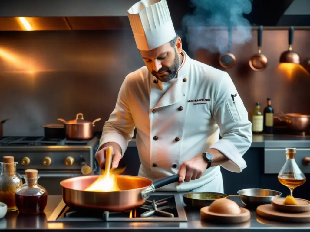 Un chef francés tradicional preparando salsas en una cocina acogedora, evocando maestría culinaria