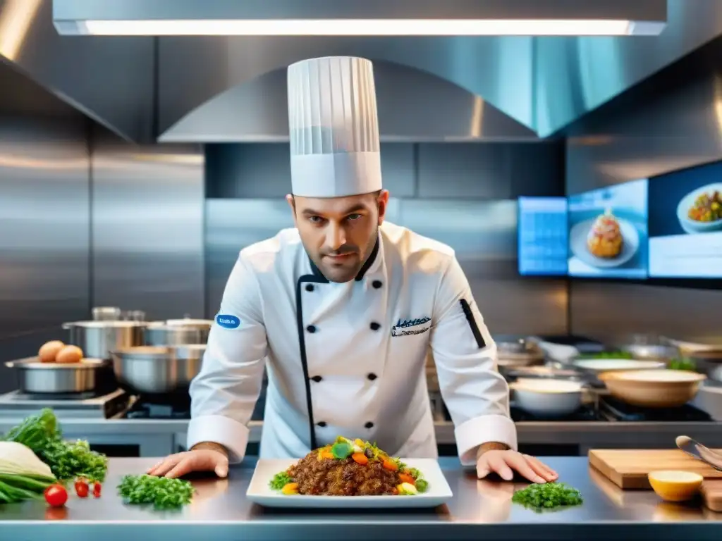 Un chef francés tradicional utiliza software culinario innovador en una cocina moderna