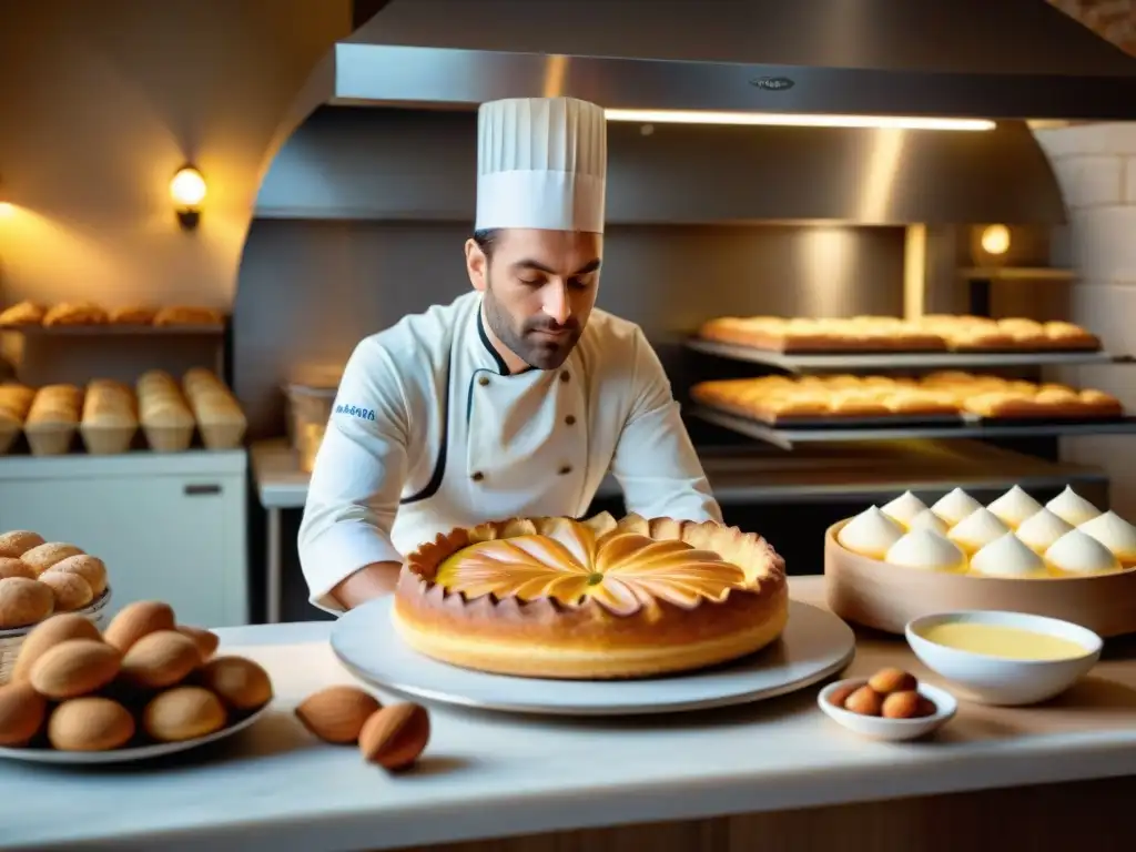 Chef francés preparando una Galette des Rois en panadería tradicional