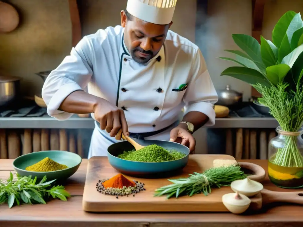 Un chef martiniqués en traje tradicional corta plantas medicinales para una receta en una cocina auténtica de Martinica