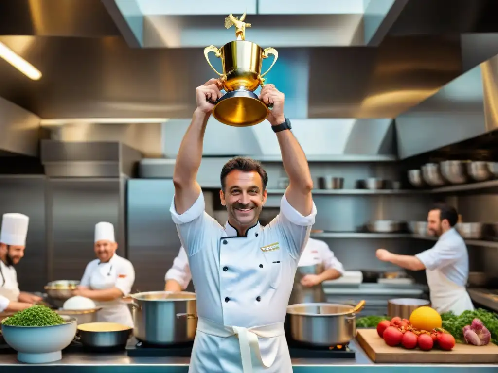 Un chef francés triunfante en una cocina llena de utensilios y ingredientes, sosteniendo un trofeo dorado en alto