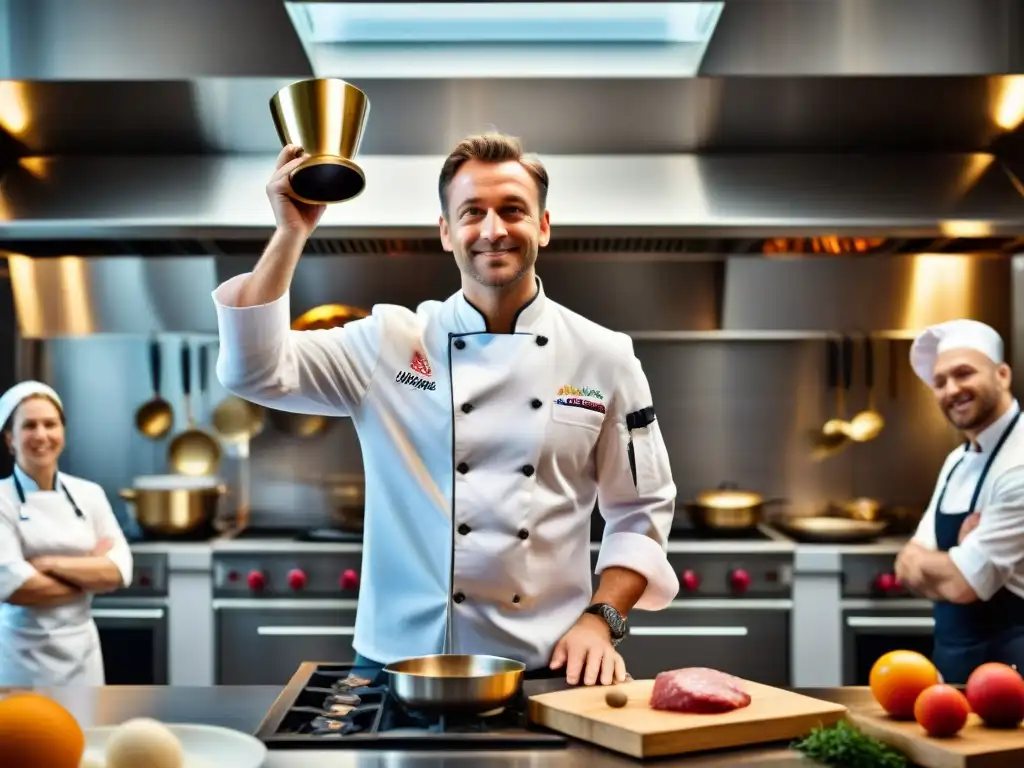 Un chef triunfante en un concurso culinario francés, sosteniendo un trofeo de oro en medio de una cocina bulliciosa