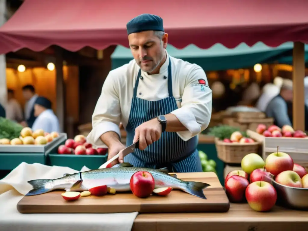 Un chef deshuesando una trucha fresca en un mercado francés, con manzanas y crema en los puestos