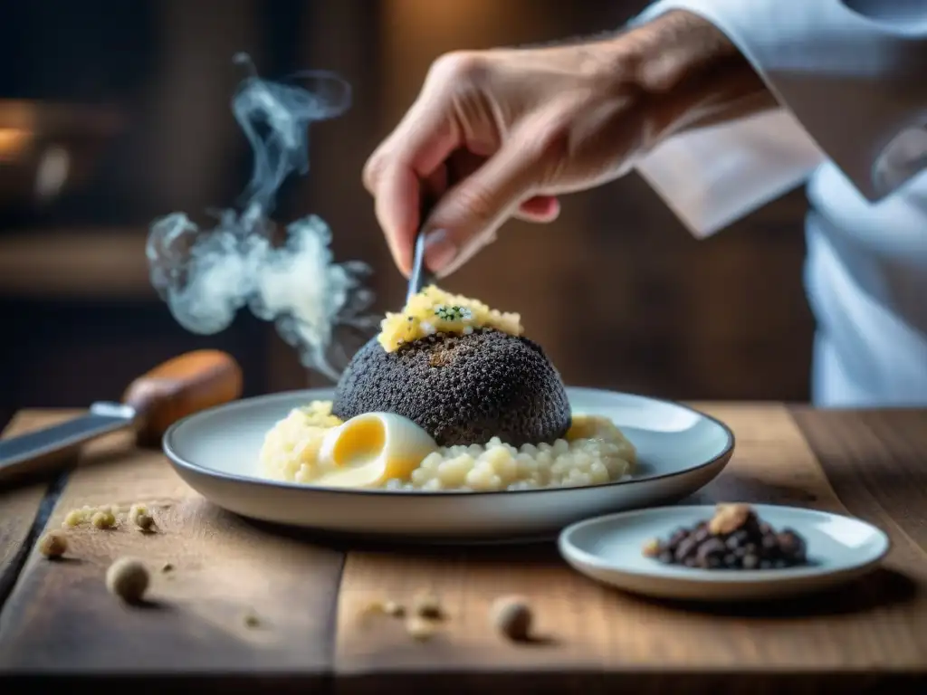 Chef rallando trufa fresca sobre risotto cremoso en festival de trufas en Francia, cultura gastronómica