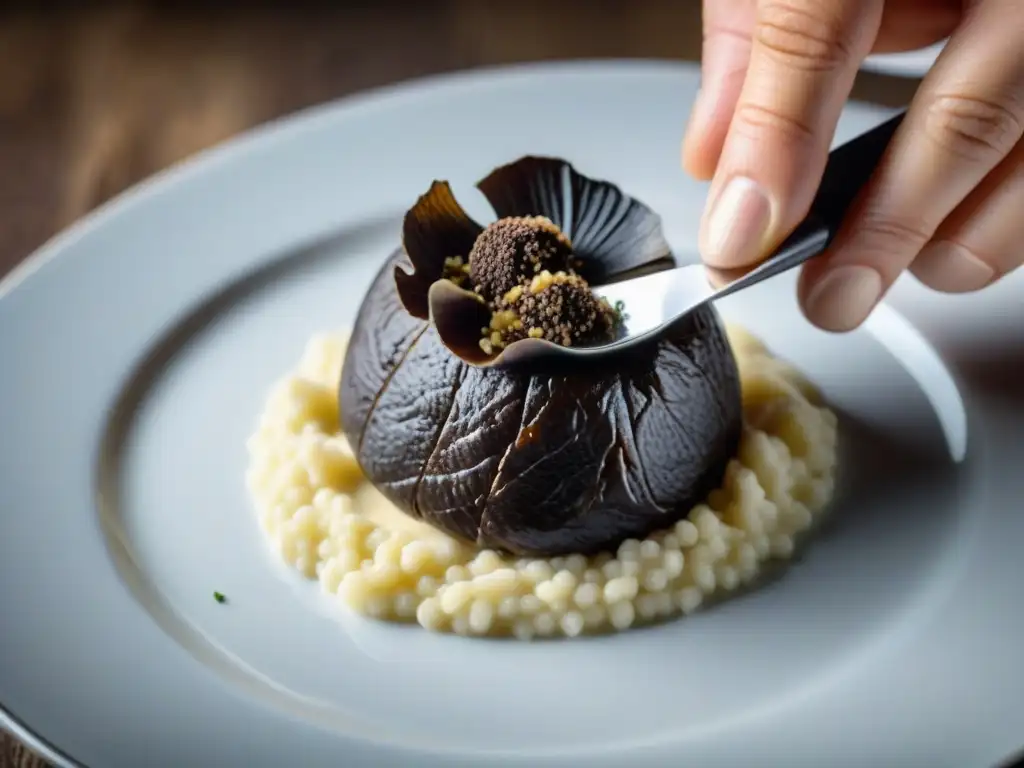 Un chef hábil rallando delicadamente una trufa negra fresca sobre un risotto cremoso en una cocina profesional