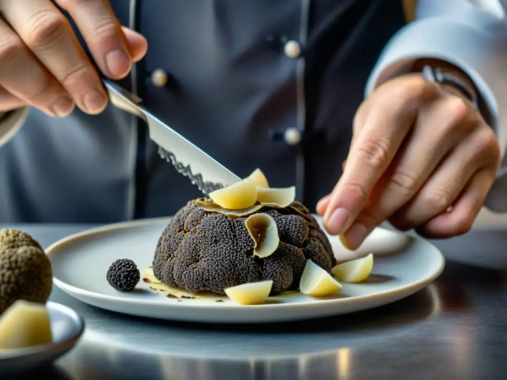 Chef francés preparando trufa negra Périgord en cocina elegante