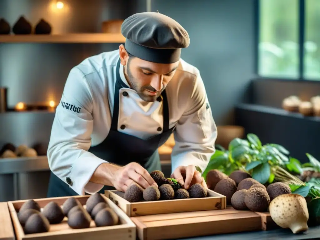 Chef francés seleccionando trufa negra premium en cocina moderna