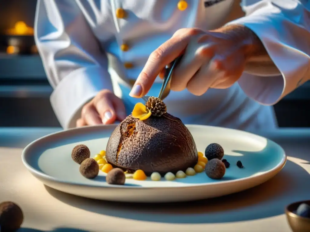 Un chef francés coloca trufa en un plato, detallando su técnica