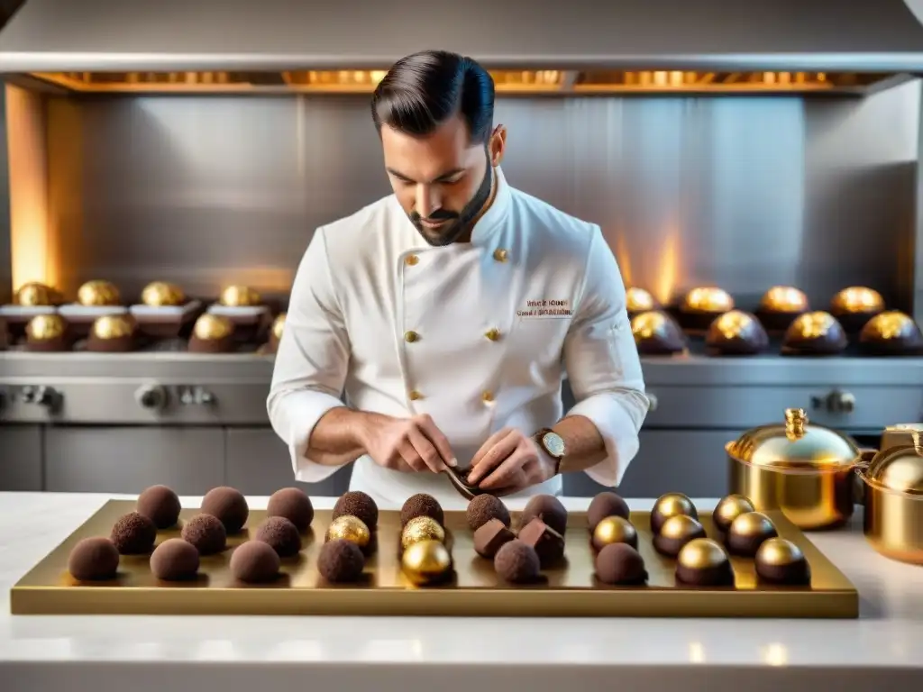 Un chef francés elabora trufas de chocolate en una cocina parisina, rodeado de ingredientes de cacao premium