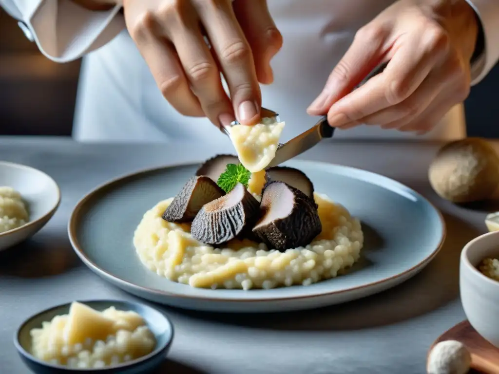 Chef francés fusiona trufas italianas sobre risotto cremoso en cocina rústica, mostrando la influencia italiana en gastronomía francesa