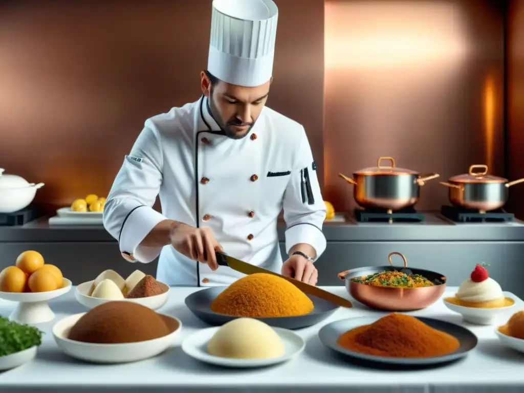 Un chef en uniforme clásico adorna postres en una cocina francesa fusionando tradición e innovación tecnológica