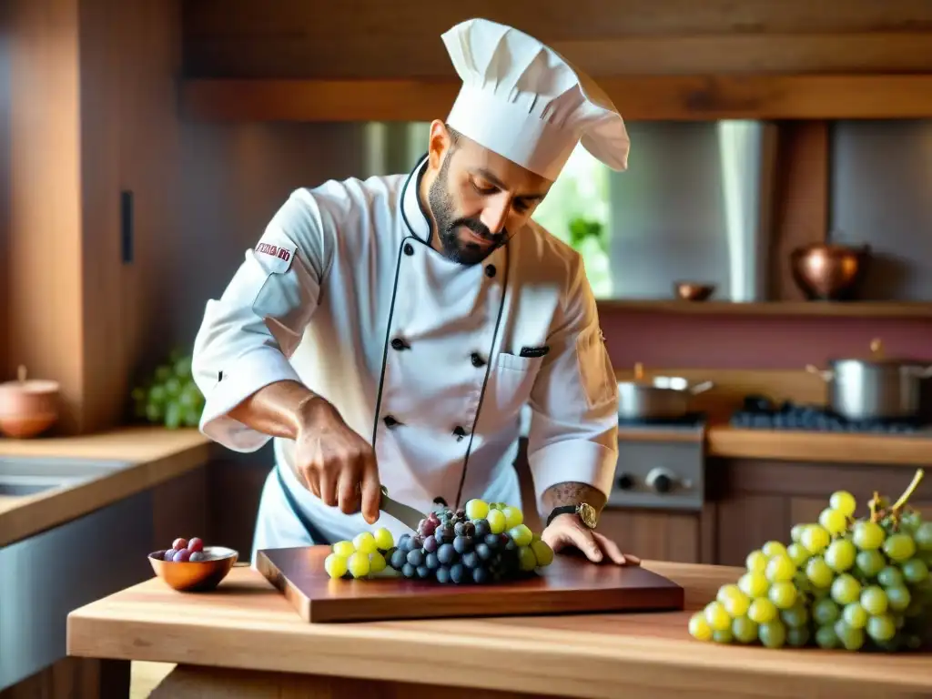 Un chef francés prepara uvas en cocina francesa con delicadeza en escena rústica