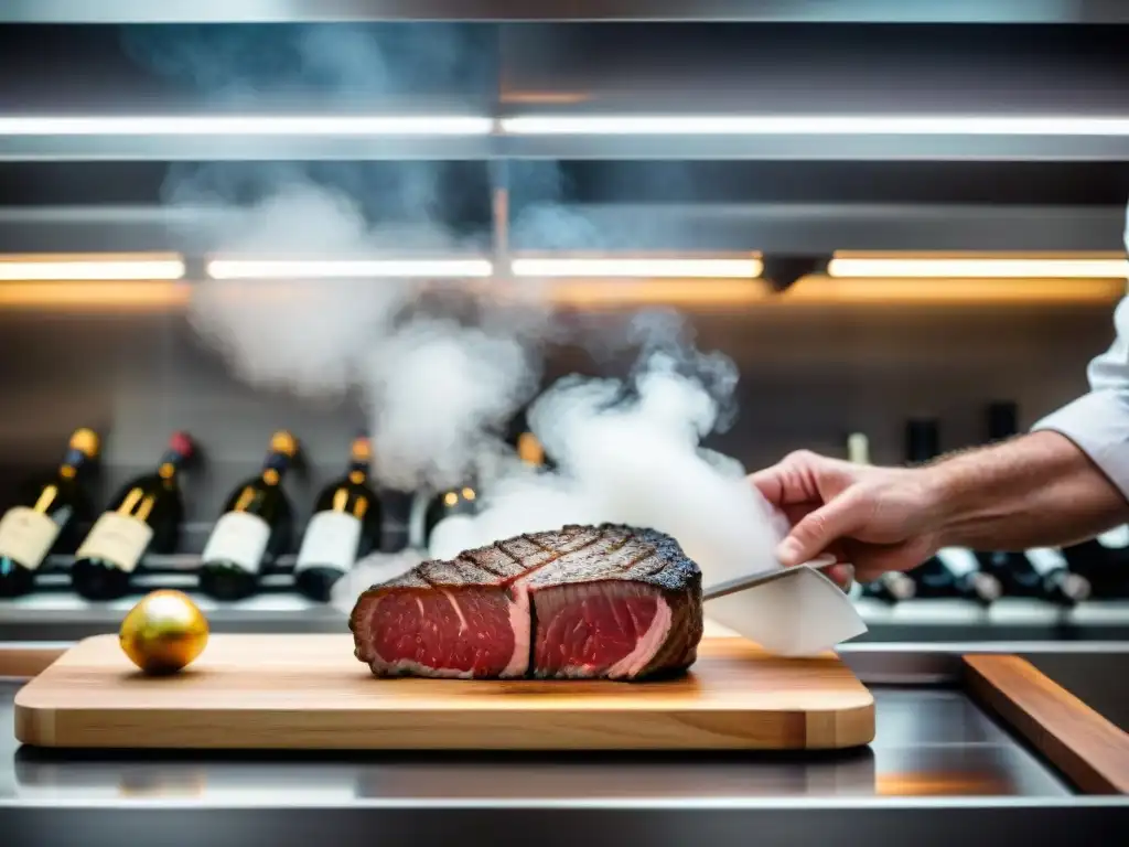 Un chef sella al vacío un filete sazonado en cocina profesional, con vinos franceses en estantes