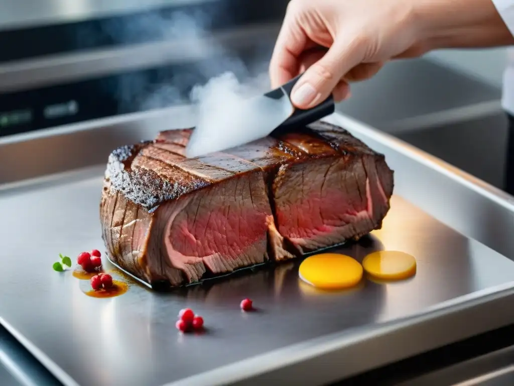 Chef francés sella al vacío un filete antes de cocinarlo Sous Vide, fusionando tradición culinaria con tecnología