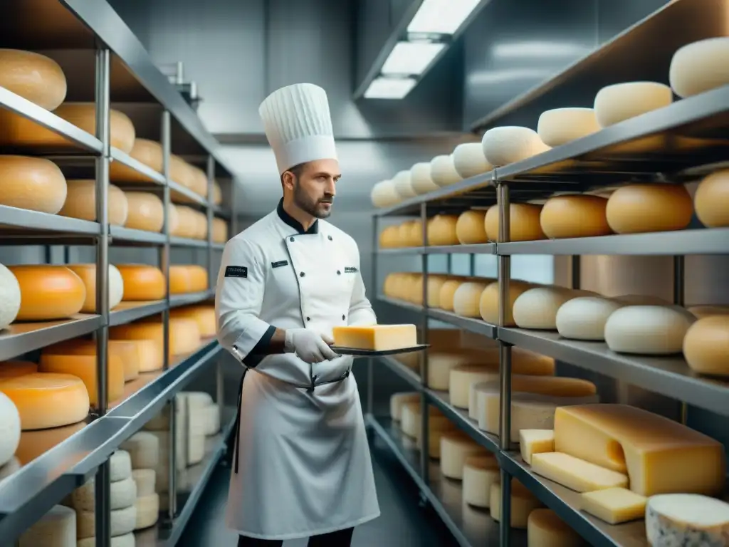 Chef sellando al vacío quesos franceses en cocina industrial