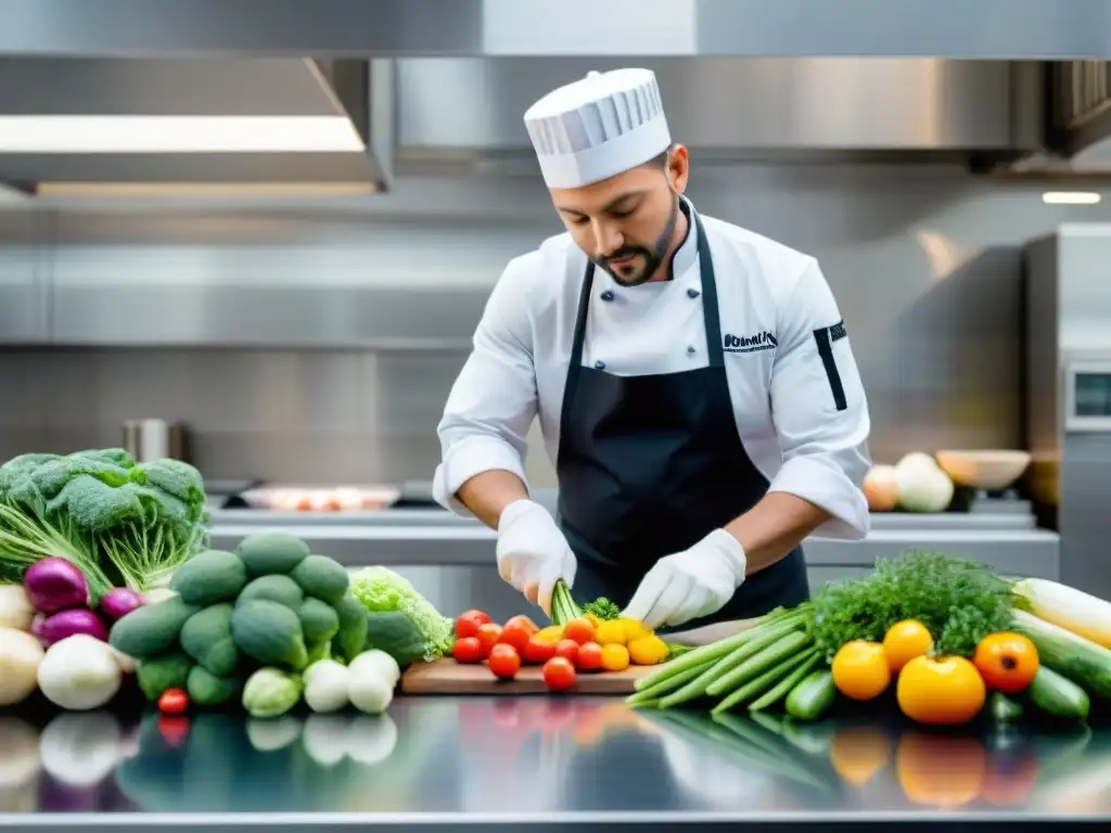 Un chef prepara con precisión vegetales al vacío