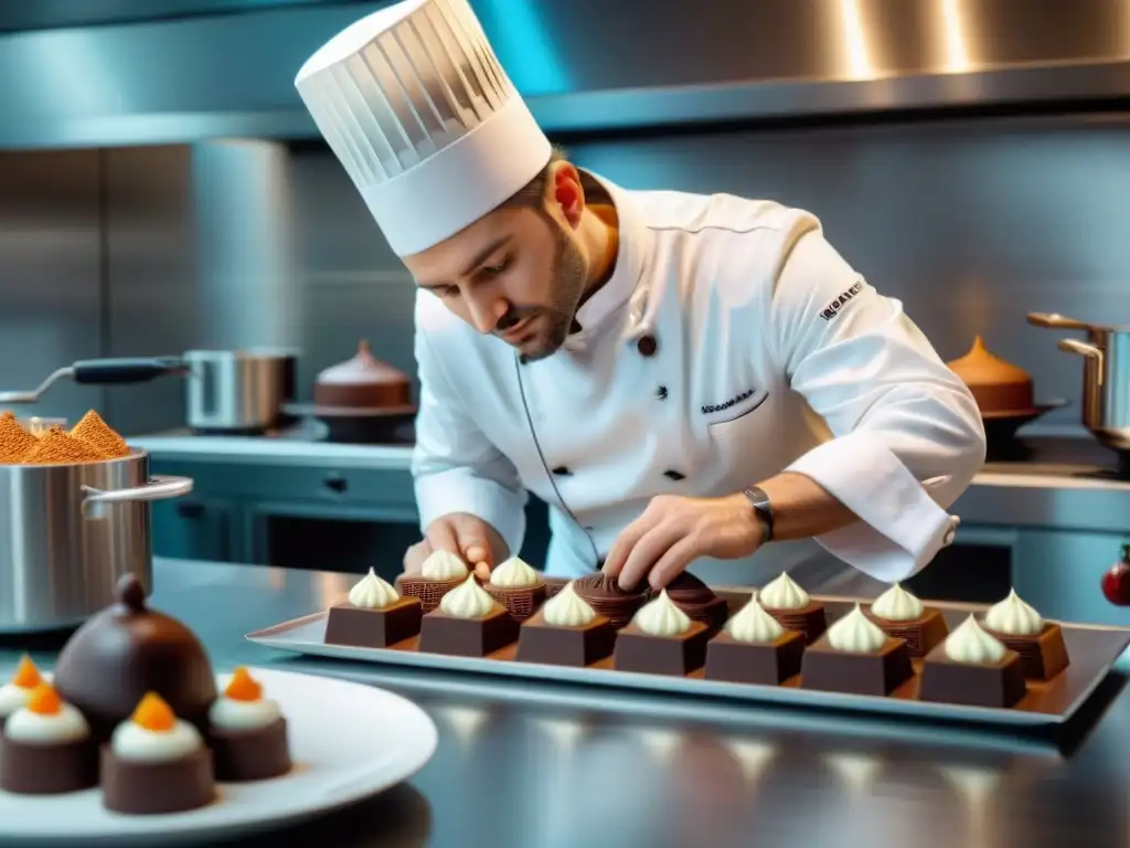 Chef francés de vanguardia decorando postre con innovación culinaria en París