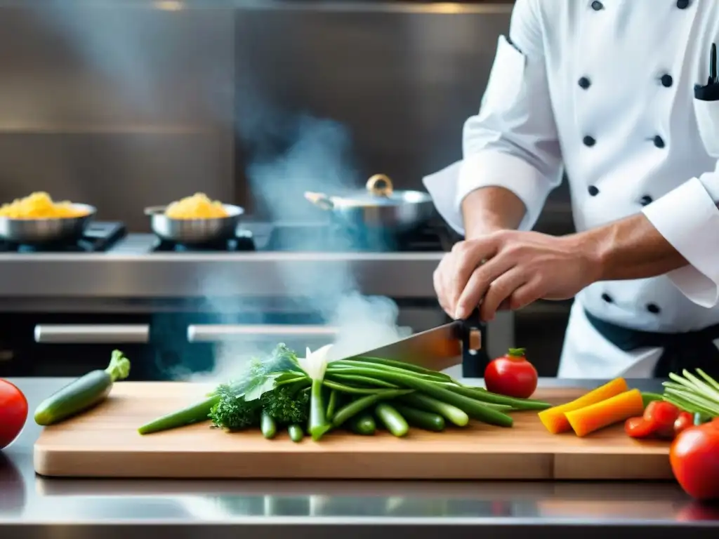 Un chef corta hábilmente una variedad vibrante de vegetales con una mandolina francesa, mostrando cortes perfectos