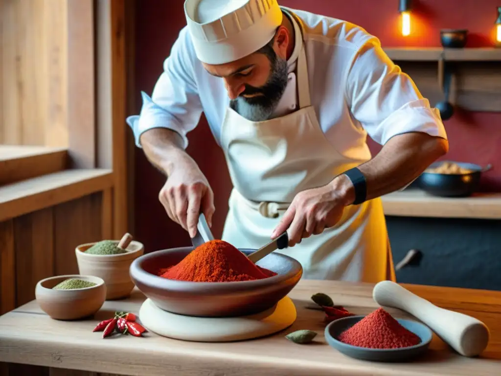 Un chef vasco muele Pimienta de Espelette en una cocina tradicional, creando una experiencia sensorial única