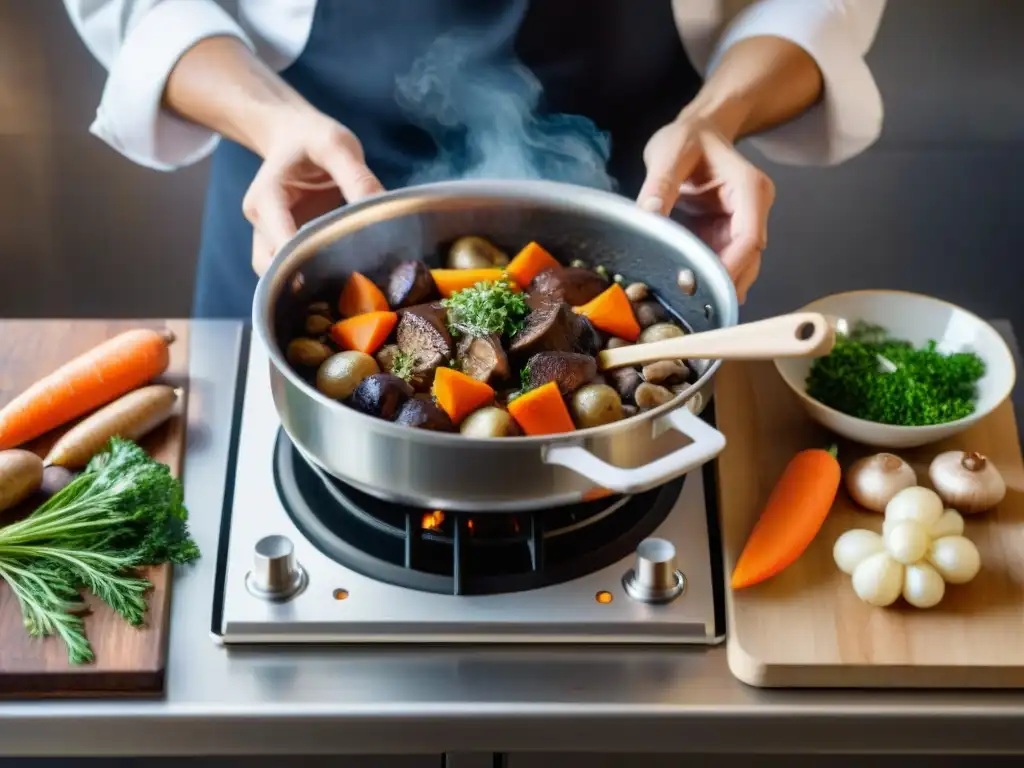 Un chef vegano preparando Coq au Vin rodeado de ingredientes franceses, en una atmósfera cálida y acogedora