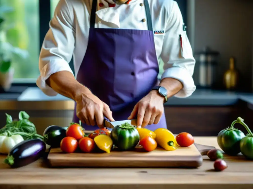 Un chef vegano francés corta tomates heirloom con destreza, rodeado de coloridas verduras en una tabla de madera