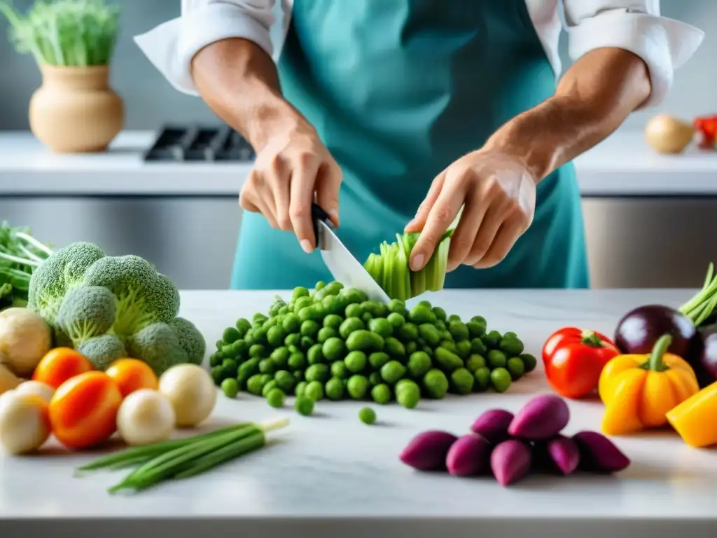 Un chef vegano francés corta verduras con maestría en una cocina bulliciosa