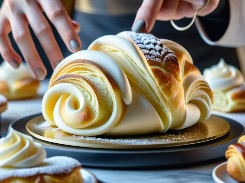 Un chef vegano experto decorando un croissant vegano con merengue de aquafaba en una pastelería francesa vegana innovadora