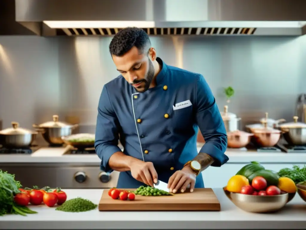 Un chef vegano francés experto preparando ingredientes en cocina moderna