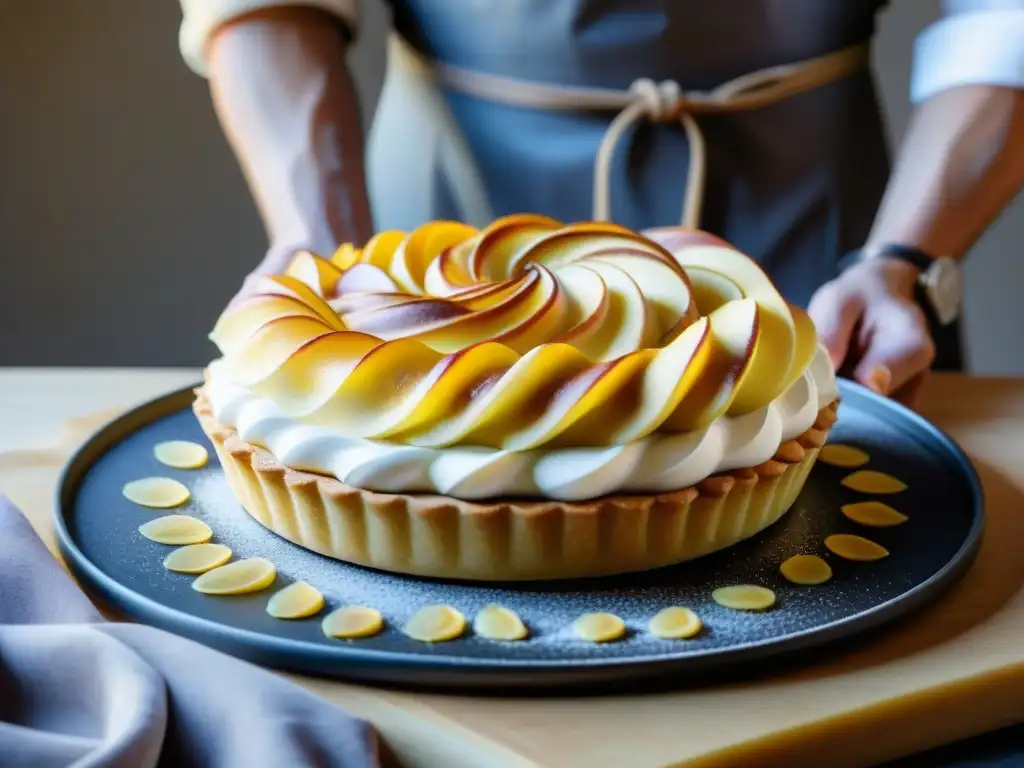 Un chef vegano experto decora una tarta aux pommes con merengue de aquafaba