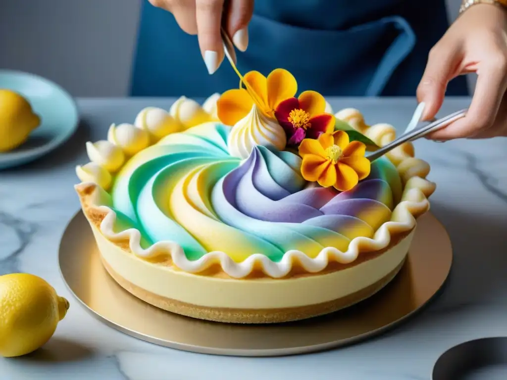 Un chef vegano de pastelería francesa innovadora decora con precisión un delicioso pastel vegano de limón con merengue de aquafaba