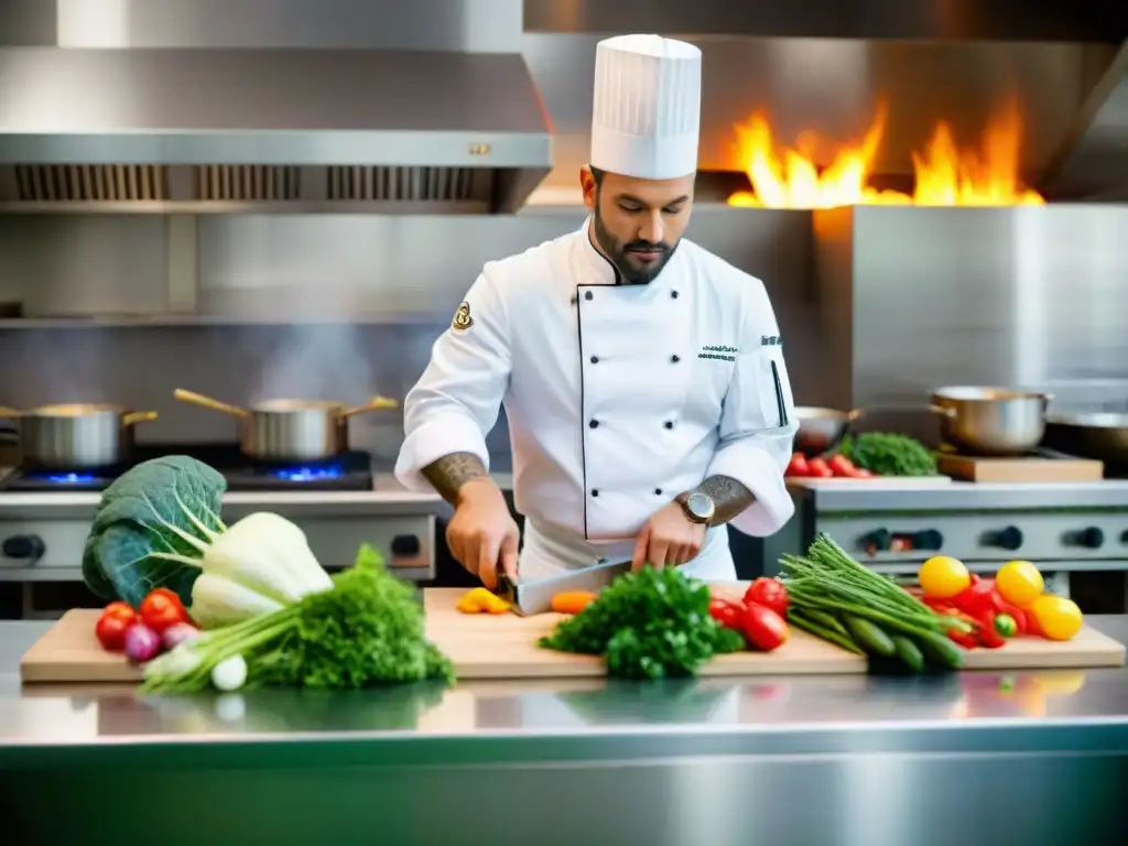 Un chef cortando vegetales en cocina ecológica de restaurante francés, enfocado y preciso