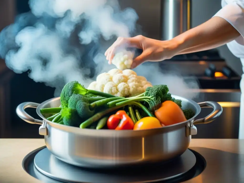 Un chef francés coloca vegetales frescos en una cesta de vapor, mostrando técnicas cocina vapor estilo francés