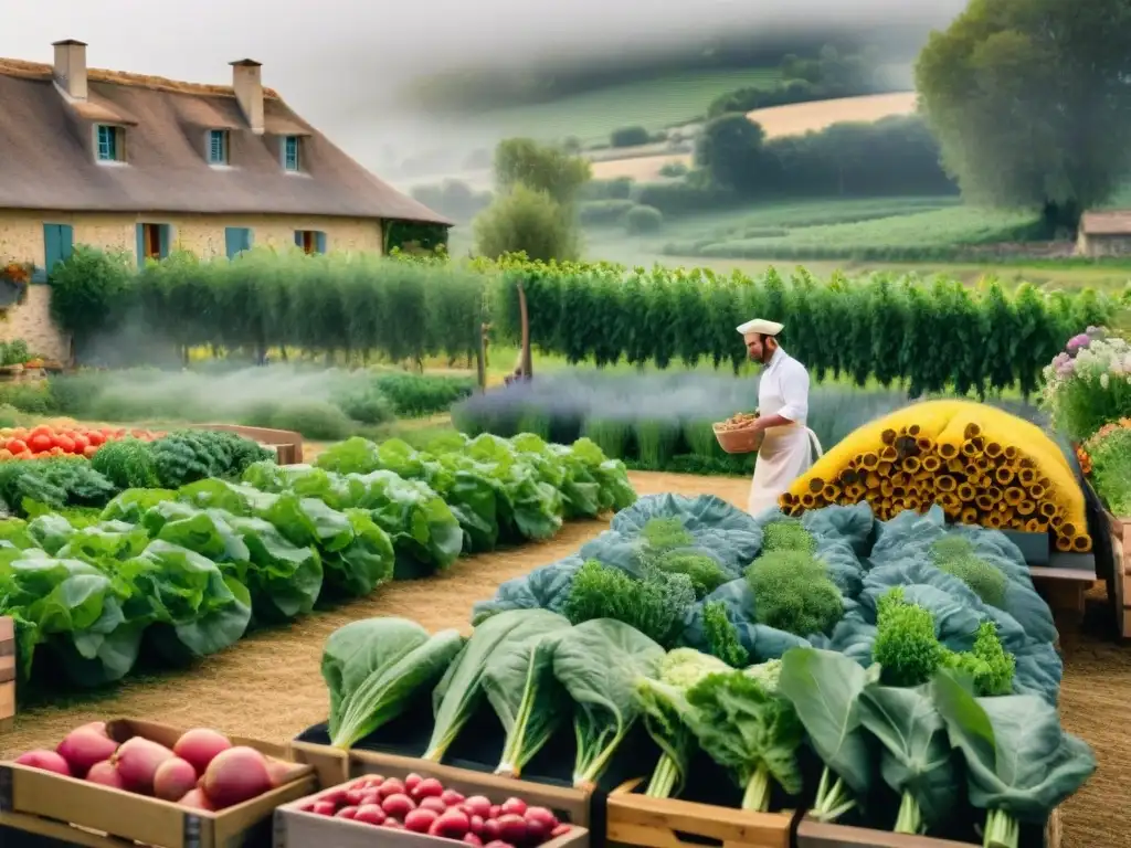 Un chef selecciona vegetales frescos en un restaurante de granja francesa, con huerto y comensales