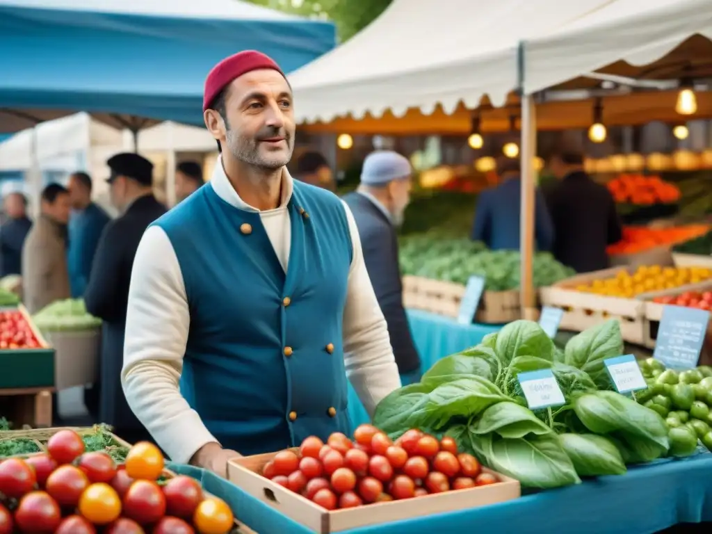 Un chef francés selecciona vegetales orgánicos en un bullicioso mercado parisino