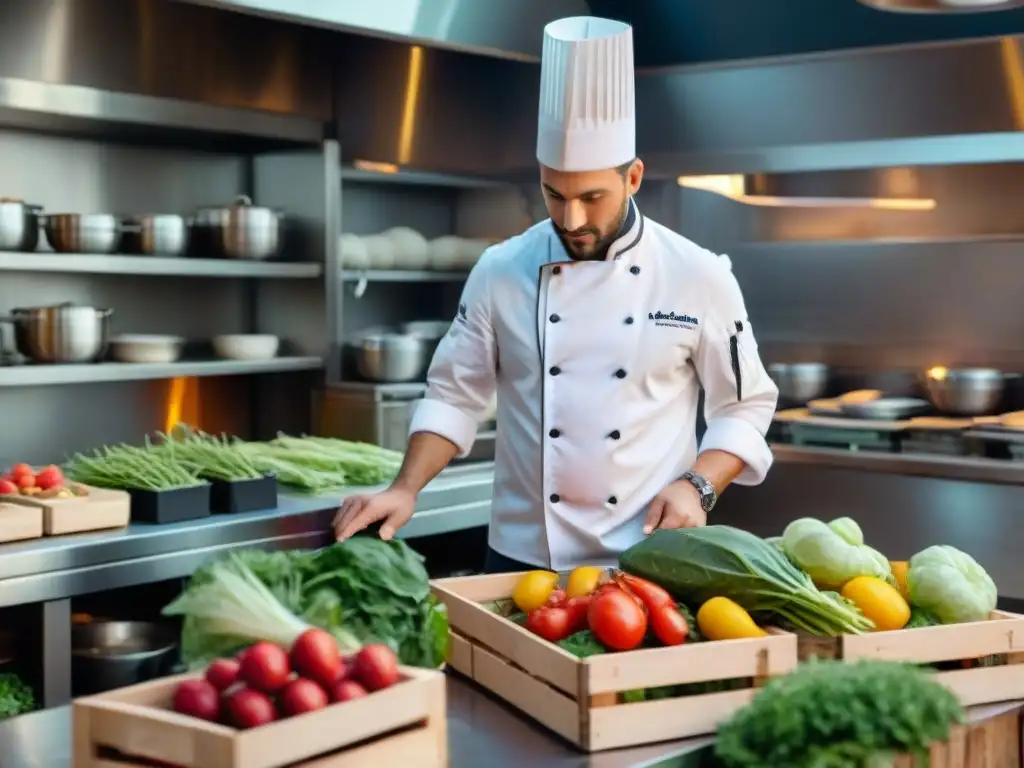 Un chef francés selecciona vegetales orgánicos en cocina ecofriendly