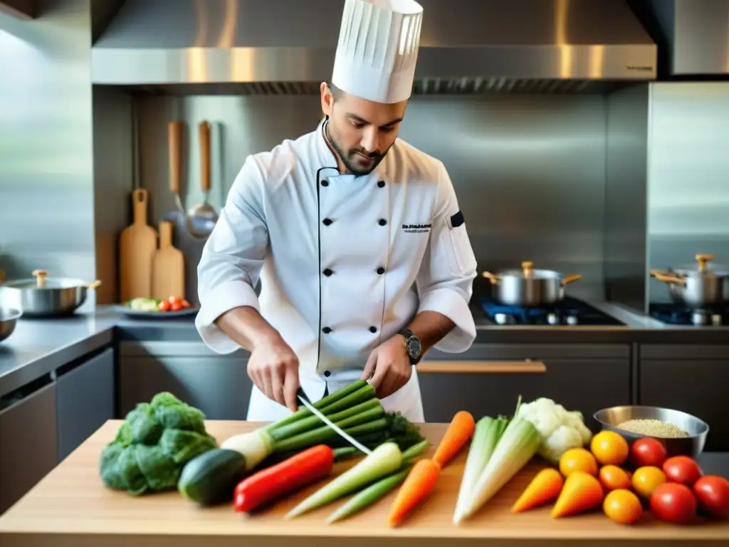 Un chef francés tradicional arregla vegetales en vaporera de bambú, técnicas cocina vapor estilo francés